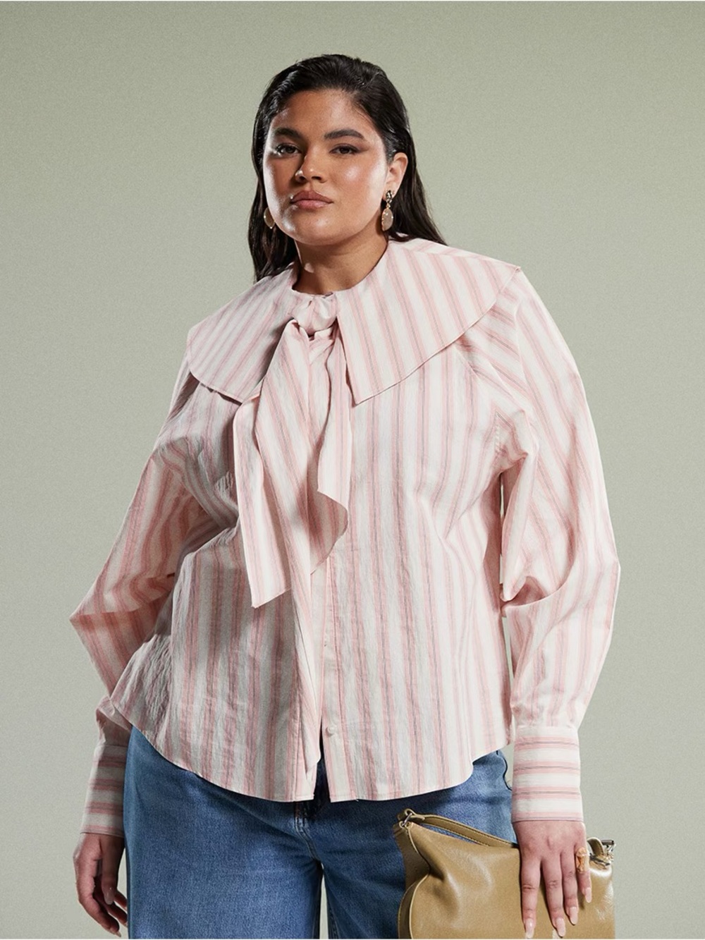 ASOS Curve Striped Pink Tie-Neck Blouse - Women's Button-Up Top